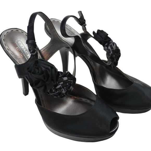 Coach Shoes - Coach Addysen Black Satin Rosette High Heels Peep Toe Womens Shoes Size 8 8B